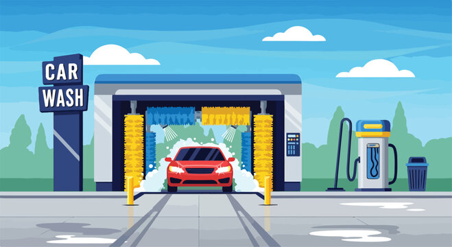 A car wash with a red car being washed