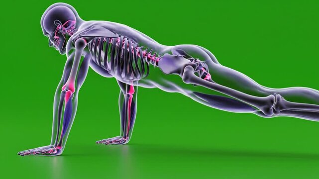 Transparent human body performing pushups showing skeletal system and joint pain on green background