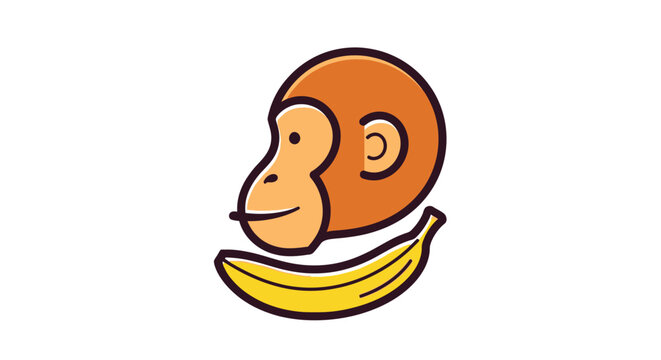 Cartoon monkey head with a banana playful animal illustration on white
