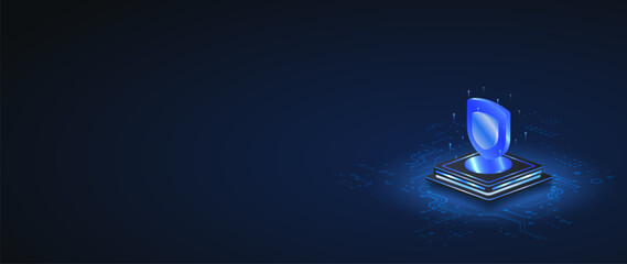 ai chip security isometric vector illustration. Online server protection system, Computer electronics and AI systems concept web banner. © Fardived