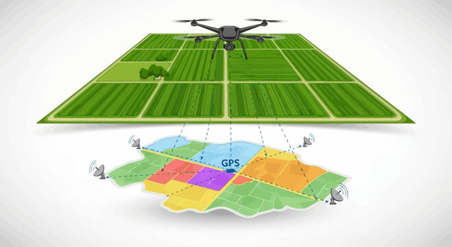 Drone surveying agricultural field with GPS mapping for precision farming and smart technology