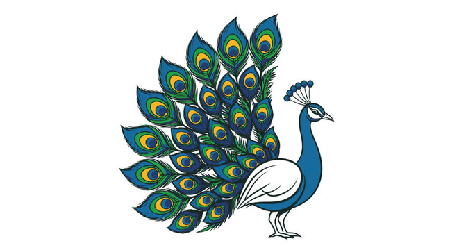Elegant peacock illustration with open tail feather display on white background
