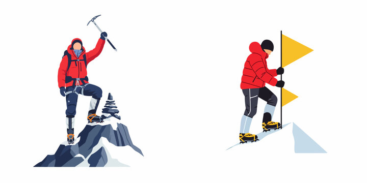 Vector illustration of a mountaineer reaching the summit, celebrating success by raising an ice axe and planting a flag on the mountain peak.