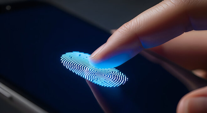 fingerprint scanning on smartphone with futuristic blue biometric glow