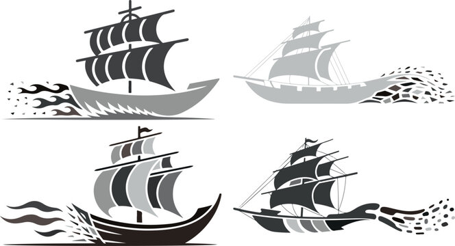 set of sailboat ship sailing ocean waves nautical icons