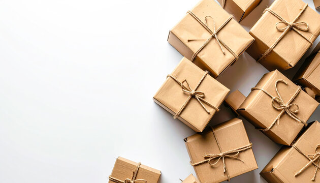 Overconsumption concept with stacked cardboard boxes and copy space