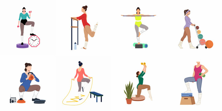 Set of flat vector illustrations featuring women in retro sportswear performing various fitness and aerobic exercises with gym equipment on white background.