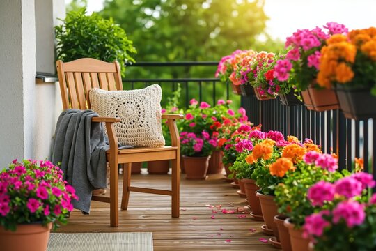 Relaxing balcony scene featuring wooden chair with cushion and blanket surrounded by colorful blooming flowers in pots. High quality photo