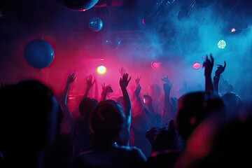 Obraz premium Energetic crowd with hands raised under vibrant club lights