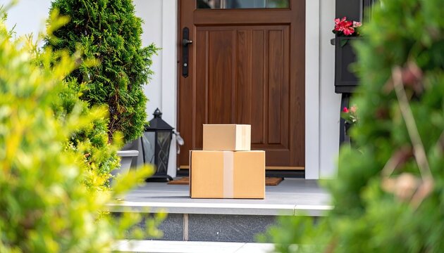 Two delivery boxes left at the front door of a suburban house.