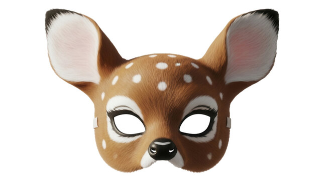 Fawn deer mask with brown fur texture and white spots, cute animal costume accessory for kids party, realistic forest creature masquerade mask isolated PNG with Transparent Background