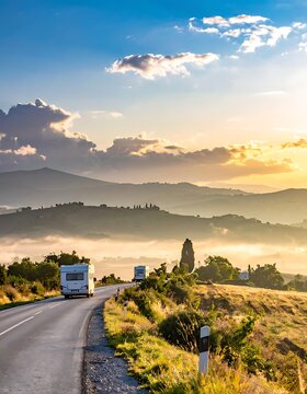 A winding road through rolling hills at sunrise