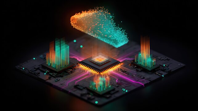 Digital data cloud processing on a futuristic circuit board