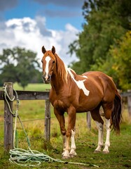 Fototapeta premium A brown horse with white markings stands by a wooden fence