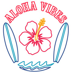 Hawaiian aloha vibes text, hibiscus surfboards doodle line art.Colorful hawaii design. Tropical typography.Design for summer t-shirts, posters, beach decor, print, happy holiday, summer lifestyle. © Cozy Wind Design