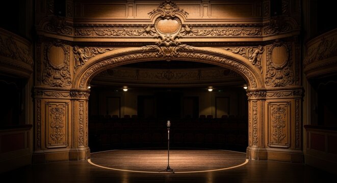 An Ornate Wooden Proscenium Arch Framing a Vintage Microphone on an Empty Theater Stage.