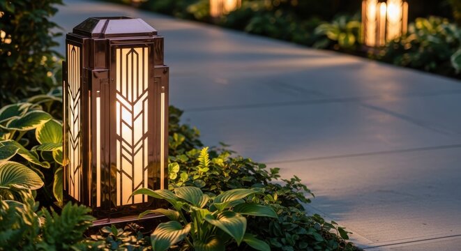 Art Deco Copper Pathway Lamp Illuminating a Garden Path with Geometric Patterns
