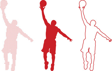 Red Basketball Player Silhouette Jumping for a Dunk with Dot and Outline Variations vector illustration © MSTANUWARA