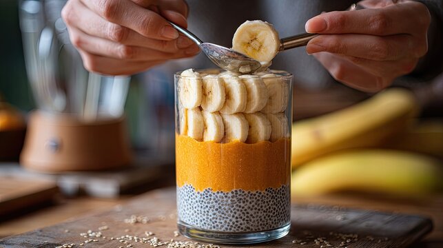 Delicious layered fruit and seed parfait being assembled with a spoon