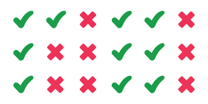 Set of green check marks and red crosses isolated on transparent background for correct incorrect signs.