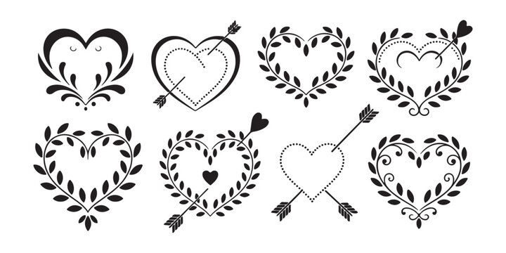 Collection of decorative heart frames with leaves and arrows for vintage wedding invitation stationery.