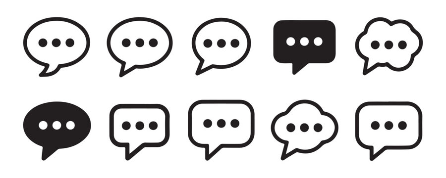Set of ten chat speech bubble icons featuring three dots for messaging and online communication app.