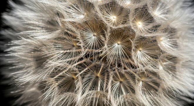 Intricate close-up macro view of dandelion seeds forming delicate, almost fractal patterns, highlighting natural beauty.