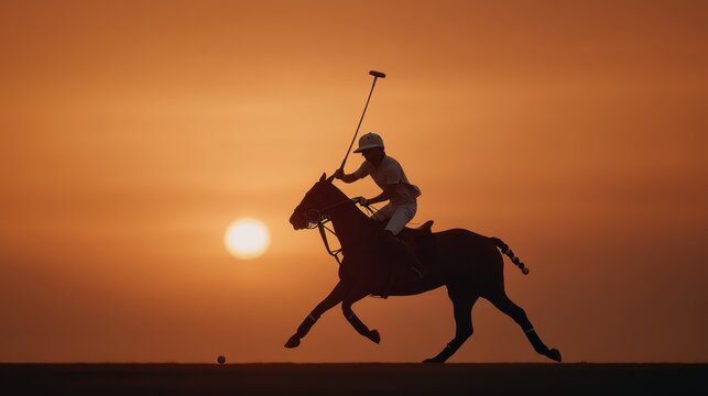 Dynamic Polo Match Scene at Sunset Featuring a Player Striking the Ball While Riding a Horse in Full Motion