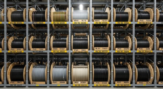 Metal racking systems holding large spools of electrical cable in a modern warehouse