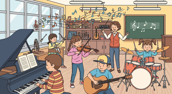 Children's Music Class: Kids Playing Instruments with Teacher in Classroom