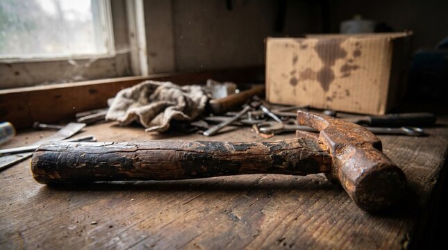 Vintage claw hammer with a weathered wooden handle sits on a dusty workshop table surface ready for repair projects showing signs of heavy usage and aged texture from many years of work