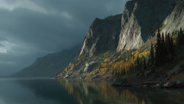 Majestic Mountain Range Reflected in Calm Lake Under Dramatic Cloudy Sky.