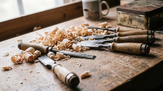 Professional carpentry chisels with wooden handles arranged neatly on a weathered workbench surrounded by scattered pine wood shavings from a recent carving project in a rustic workshop setting during