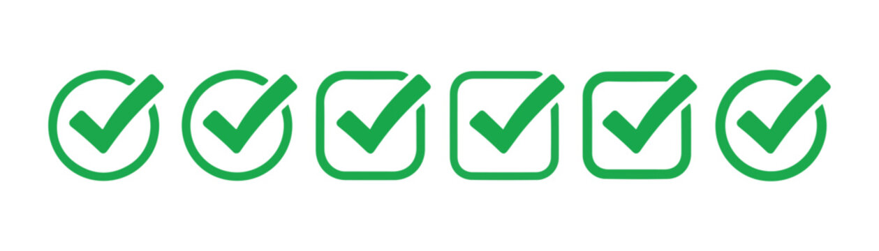Collection of green tick marks in rounded frames on transparent background for validation processes.