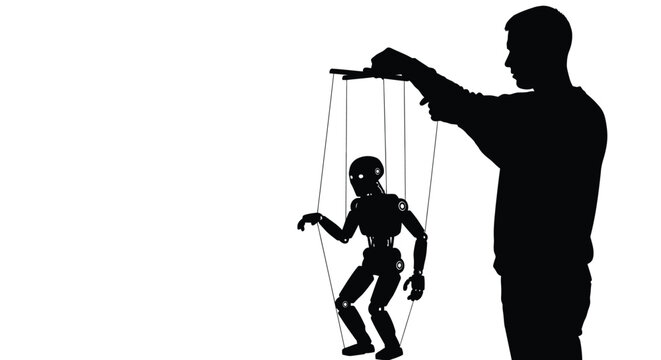 A man controls a small robot puppet using thin strings in this digital art concept