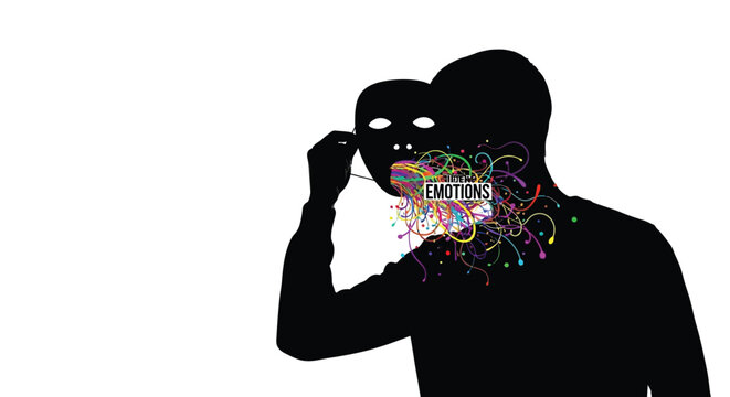 Silhouette of a person holding a mask while colorful abstract shapes emerge from their mouth area
