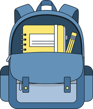 Backpack contains notebook pencil flat vector illustration with school supplies inside