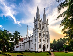 Obraz premium A large white church with two tall spires surrounded by palm trees