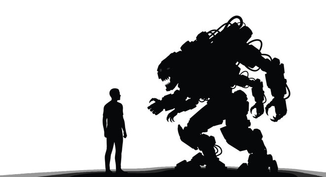 Silhouette of a young man standing in front of a giant dangerous mechanical robot monster