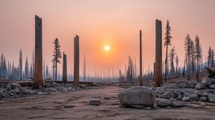 Obraz premium Blackened Trees in Aftermath of a Wildfire with Glowing Ash at Sunset, Dramatic Landscape of Nature Resilience and Regeneration Process