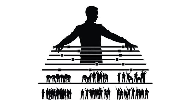 Silhouette of a man adjusting slider levels that influence the behavior of various crowds below