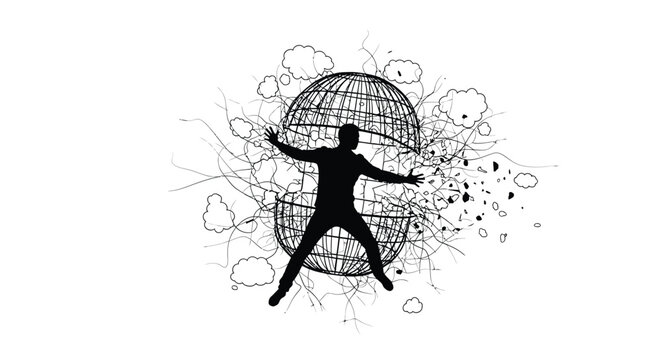 Silhouette of a man breaking free from a restrictive wireframe sphere in a powerful motion