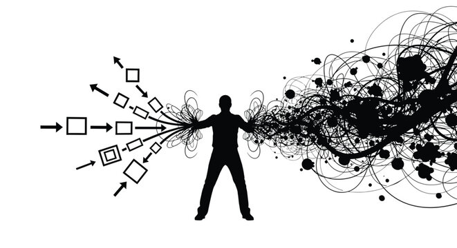 Silhouette of a person organizing chaotic black lines into structured geometric shapes on a white background