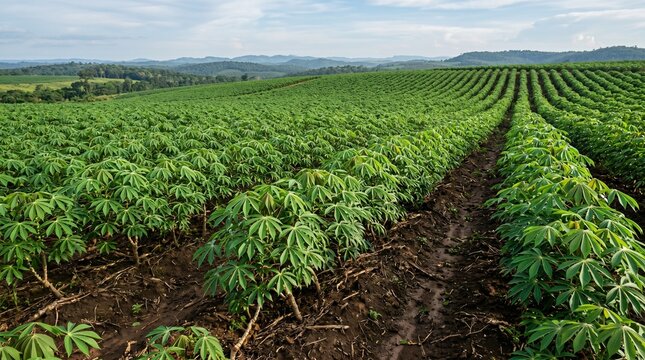Expansive green cassava field stretching across rolling hills under a bright sky, showcasing agricultural bounty and rural landscape