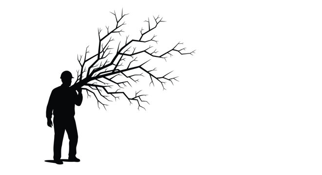 Silhouette of a worker wearing a hard hat carrying a large bare tree branch design element