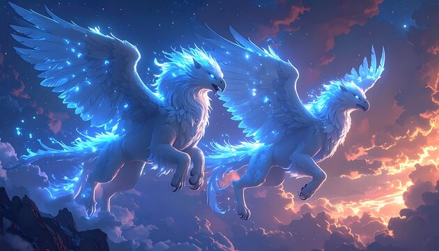 Two blue winged horses flying in a starry sky with clouds