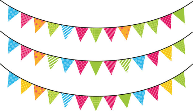 Colorful party bunting banner set with patterned triangular flags including polka dots and stripes for birthday celebrations festivals carnivals wedding decorations and festive event backdrops.