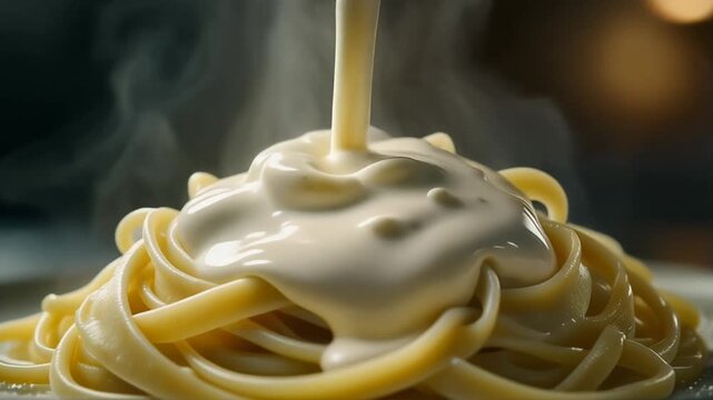 Slow motion creamy sauce being poured over fresh fettuccine pasta, glossy texture, visible steam, macro food cinematography, dramatic side lighting, dark blurred background, ultra detailed, 4K HDR, lu