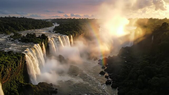 Majestic waterfall cascade at sunset with rainbow and lush forest