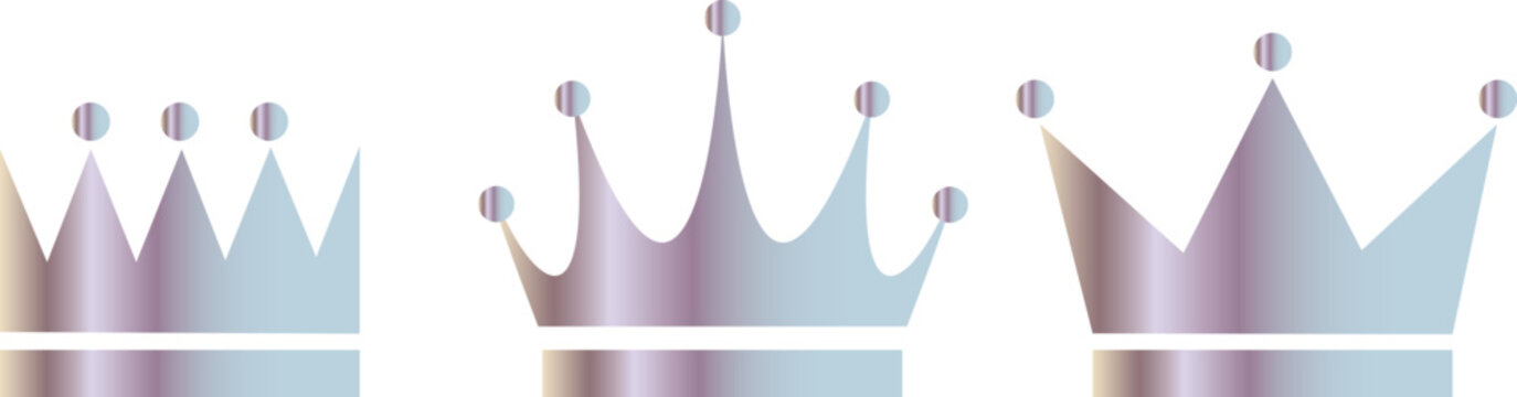 Set of three silver metallic crown icons for ranking and awards isolated on transparent background